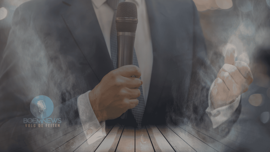 Figuur met microfoon en duim omhoog in mist — symbool van politieke taal die meer verbergt dan ze zegt