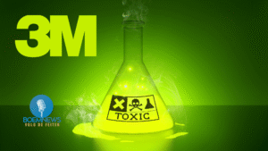 3M-logo naast giftig dampende erlenmeyer met TOXIC-label — symbool van decennialange chemische vervuiling met medeweten van overheden