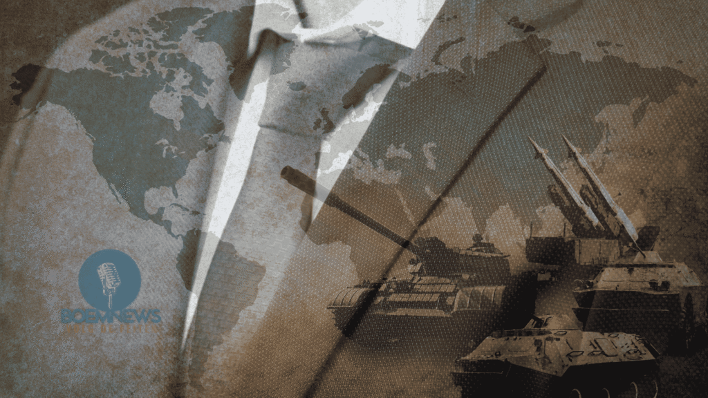 Maatpak en stropdas over wereldkaart met militaire voertuigen — symbool van oorlog als politiek instrument van de bestuurlijke elite