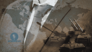 Maatpak en stropdas over wereldkaart met militaire voertuigen — symbool van oorlog als politiek instrument van de bestuurlijke elite