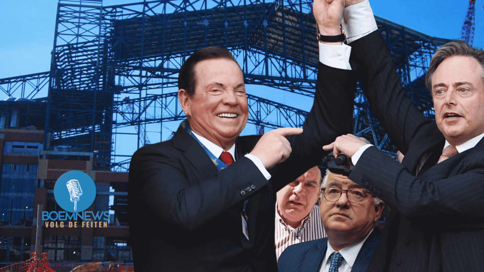 Figuren naast een bouwwerf — symbool van de verstrengeling tussen vastgoedindustrie en politiek netwerk