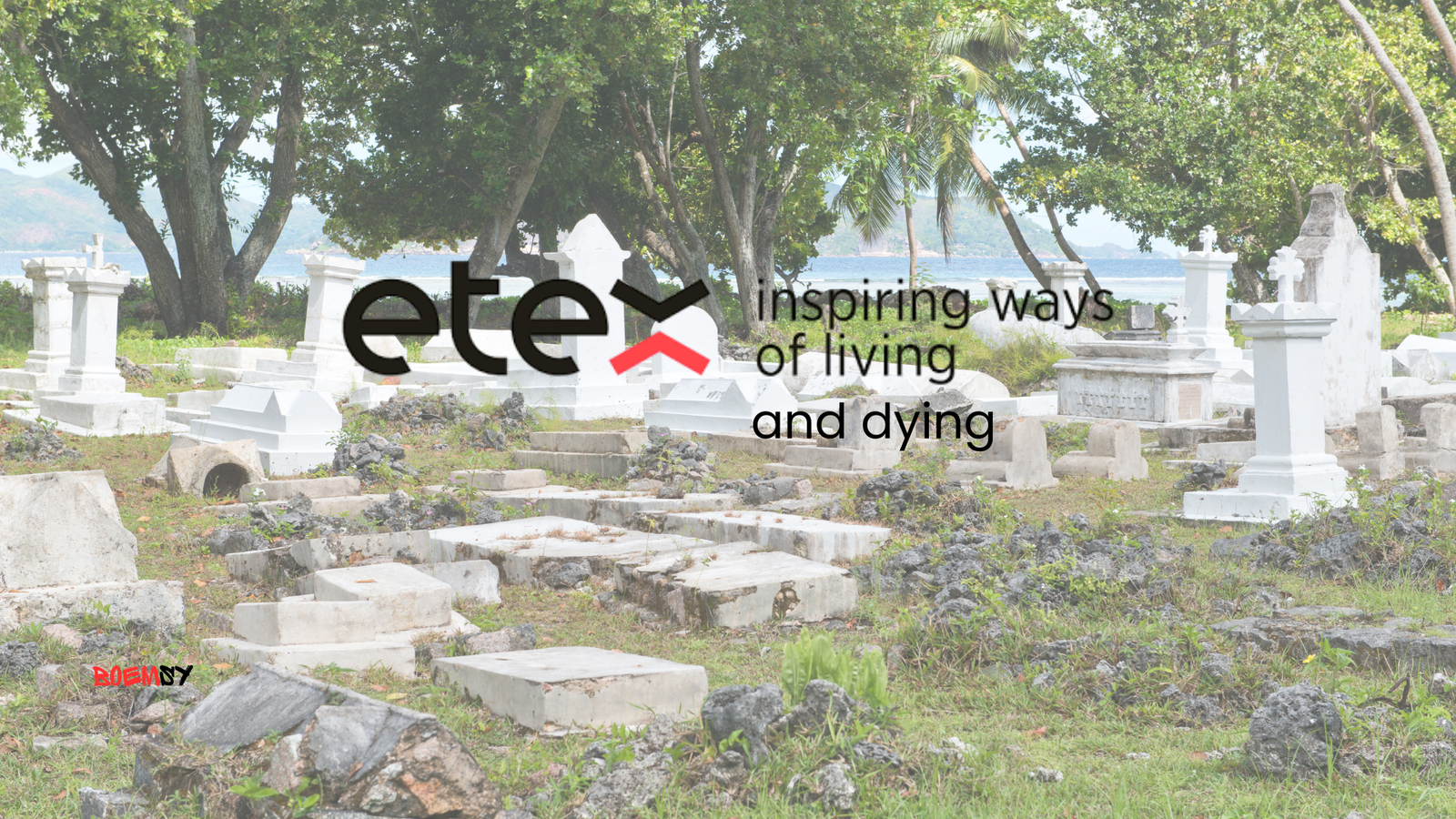 Satirische afbeelding van Etex-logo op begraafplaats met aangepaste slogan "inspiring ways of living and dying"