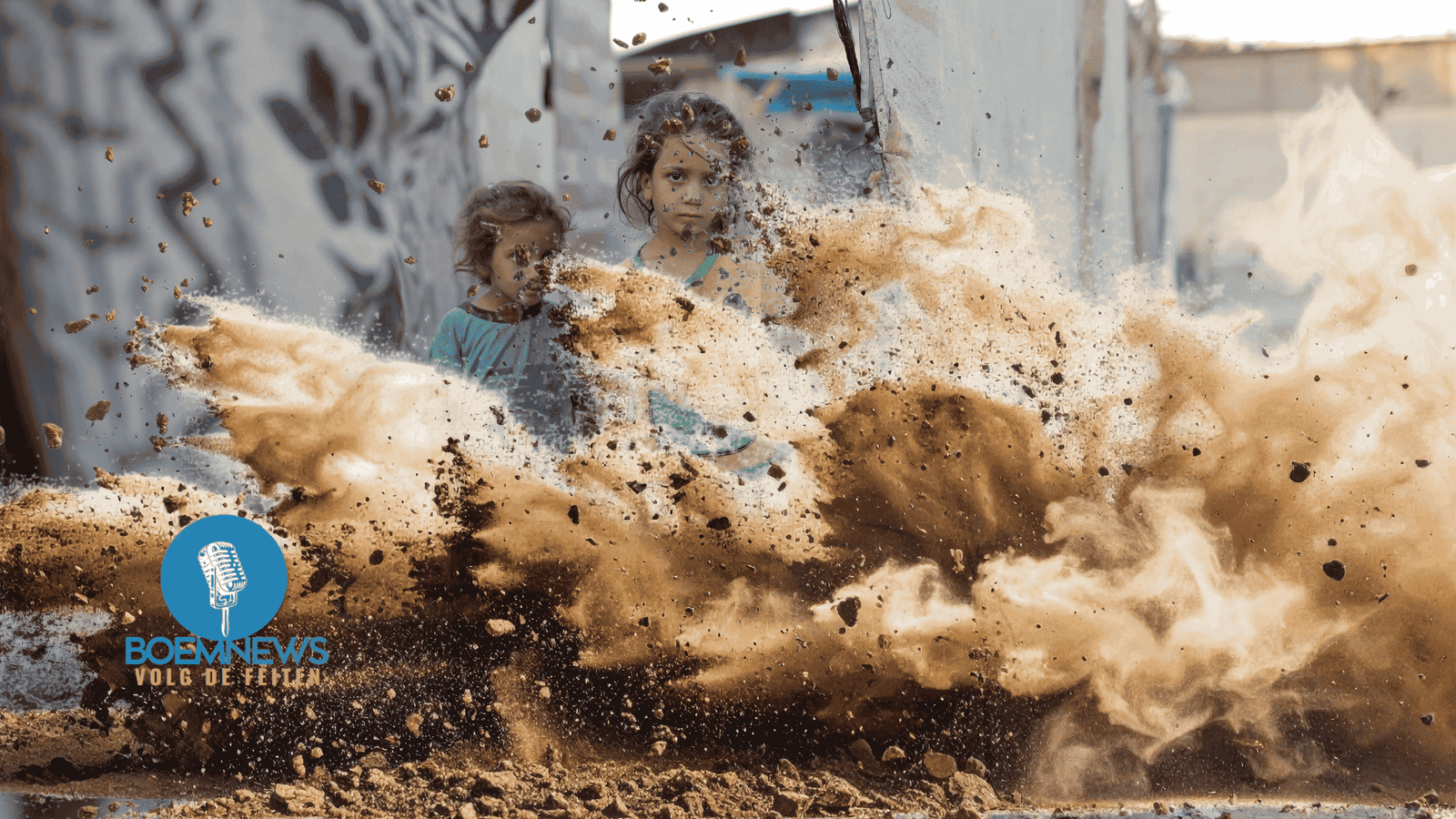 Twee kinderen omringd door opspattend puin in Gaza — symbool van een burgerbevolking gevangen in een conflict dat door wereldleiders wordt beheerd als een politiek dossier