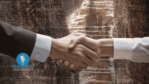Handdruk door gescheurd neteldoek met industriële achtergrond — symbool van verborgen deals achter de schermen
