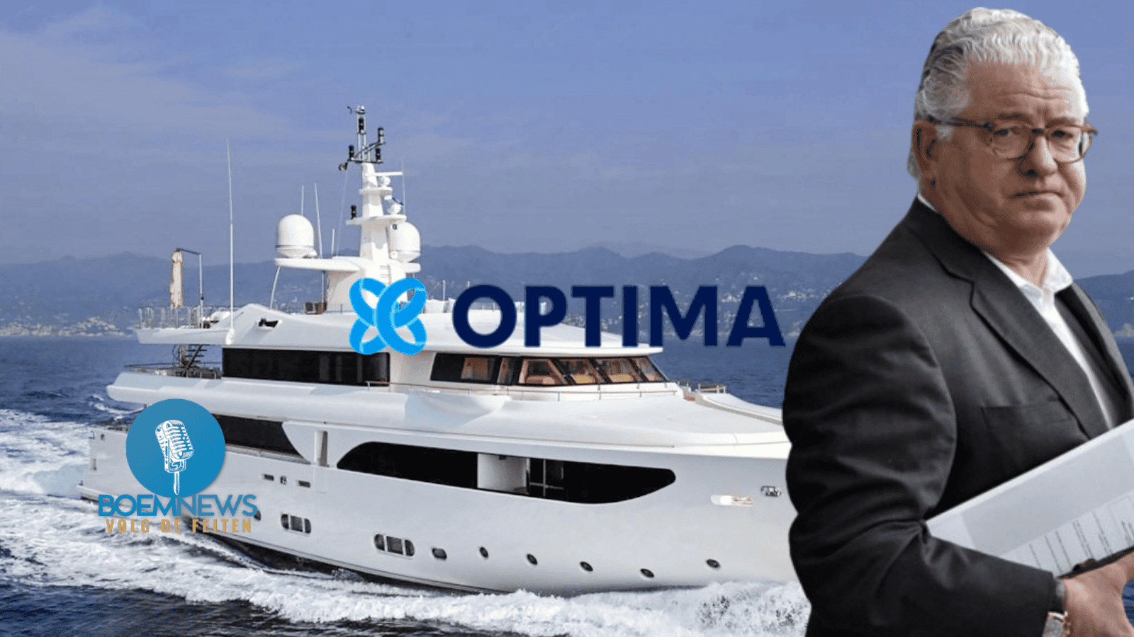 Man met dossier naast Optima-logo — tien jaar na het faillissement viel eindelijk een vonnis